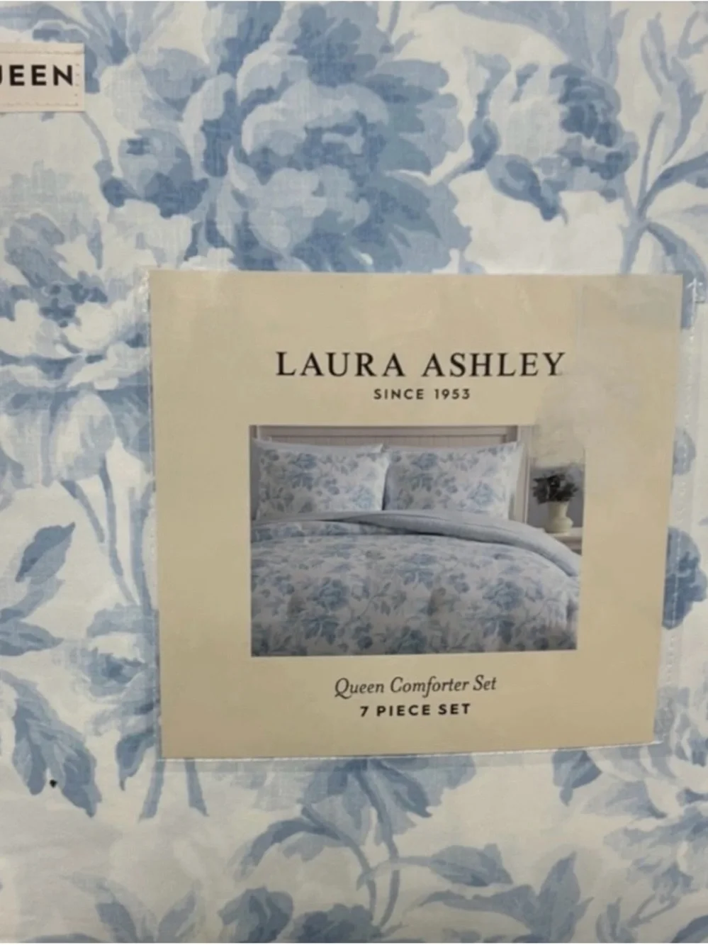 Laura Ashley Floral Blue and White 7 Piece Queen Comforter Set